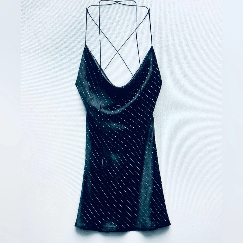 Zara satin effect mini black slip dress with rhinestone details - size XS